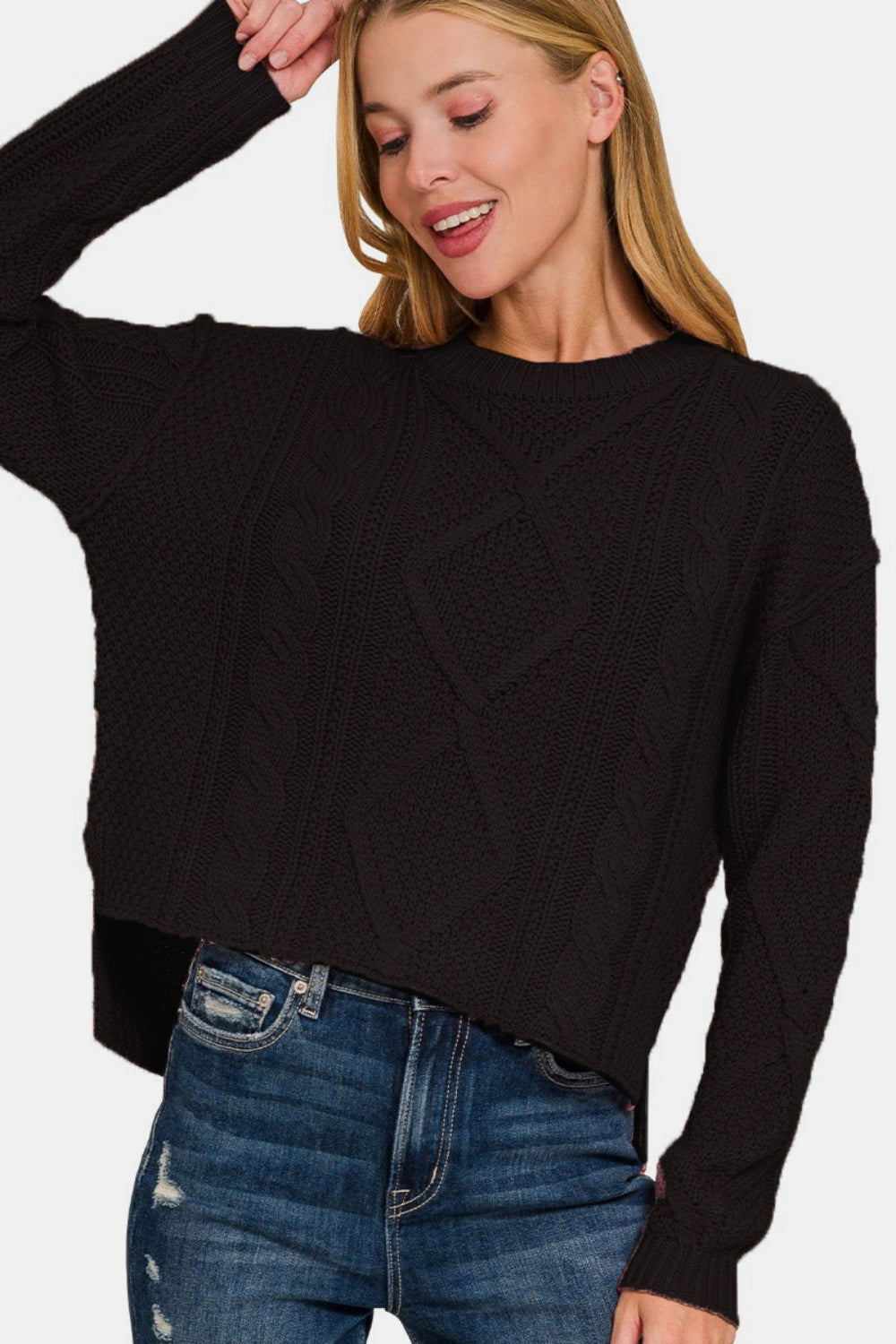 we208 Black Cable Sweater with Side Slits