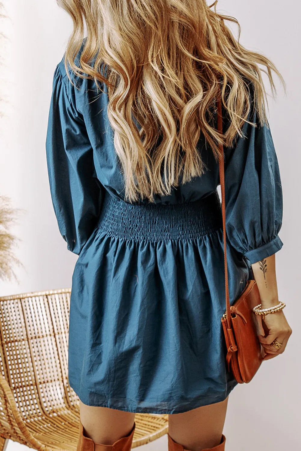 we52 Smocked Half Button 3/4 Sleeve Dress