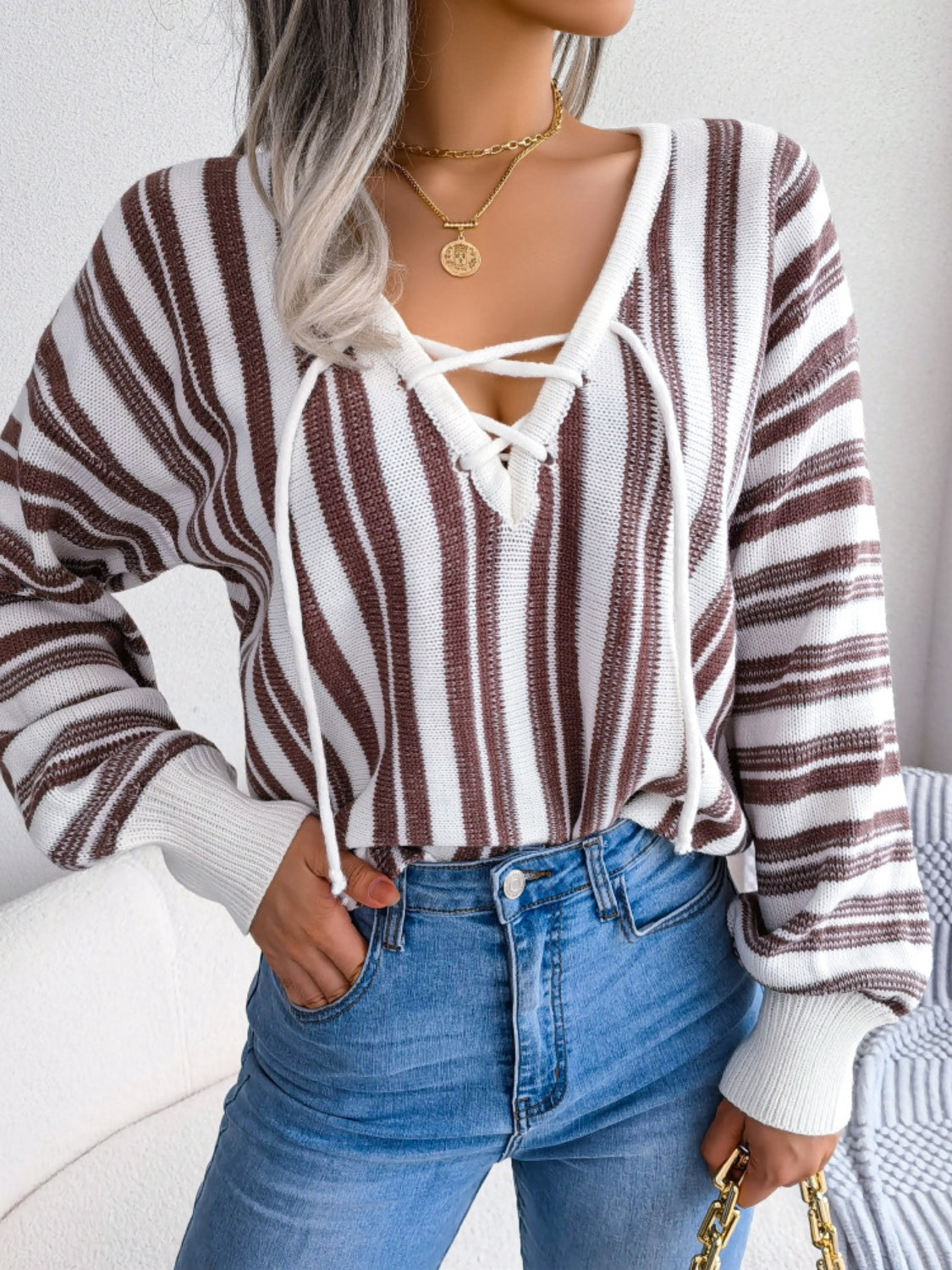 we51 Striped Lace-Up Long Sleeve Sweater