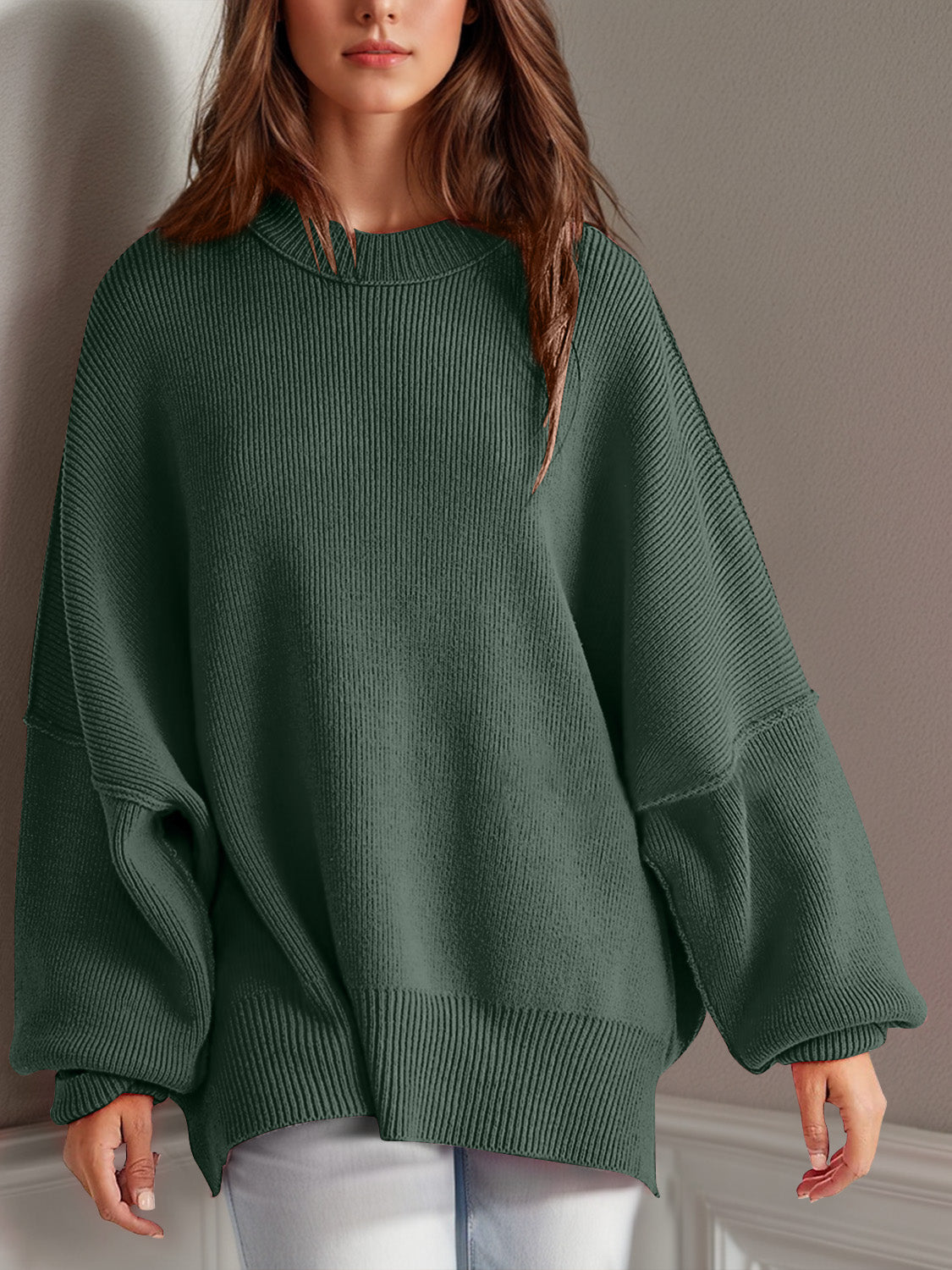 we81 Side Slit Round Neck Long Sleeve Sweater