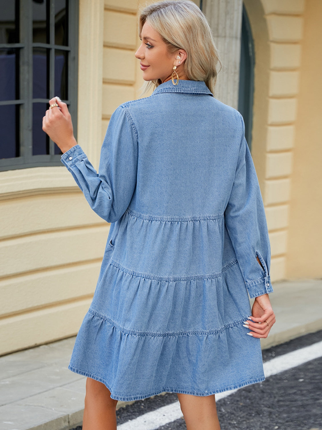 we37 Tiered Long Sleeve Button Up Denim Dress