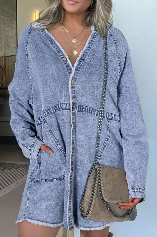 Distressed Hem Button Down Denim Dress