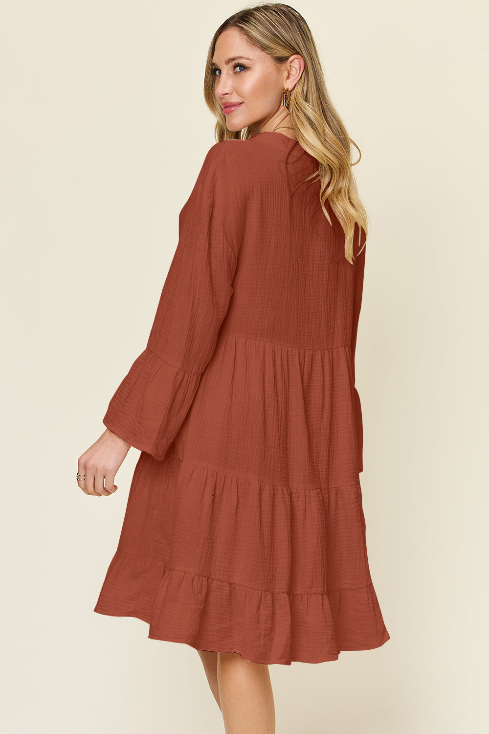 we-3-19 Textured Button Up Ruffle Hem Dress