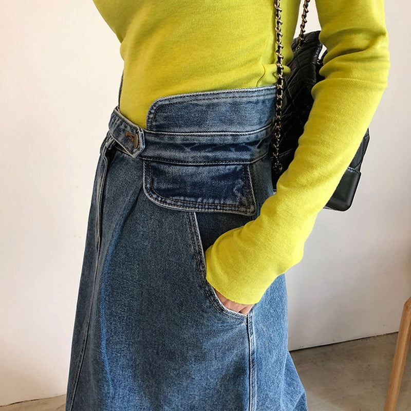 High Waist Midi Jean Skirt With Pockets