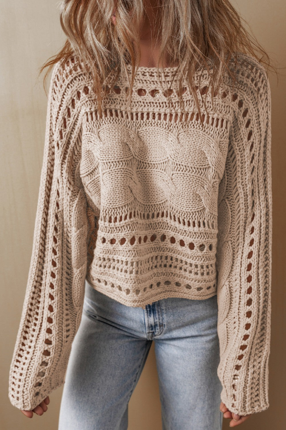 we200 Cable-Knit Openwork Long Sleeve Sweater