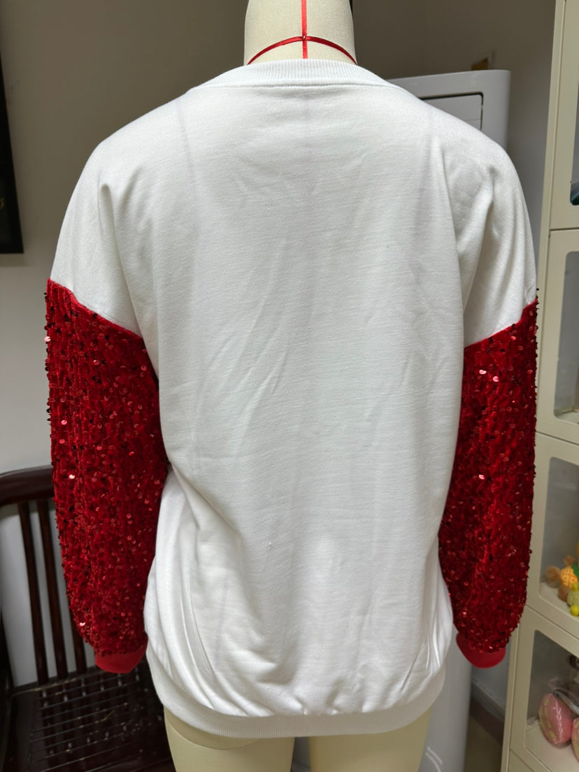 We187 Valentine's Day Sequined Sleeves Versatile Top Sweet Style Long Sleeve Pullover for Women