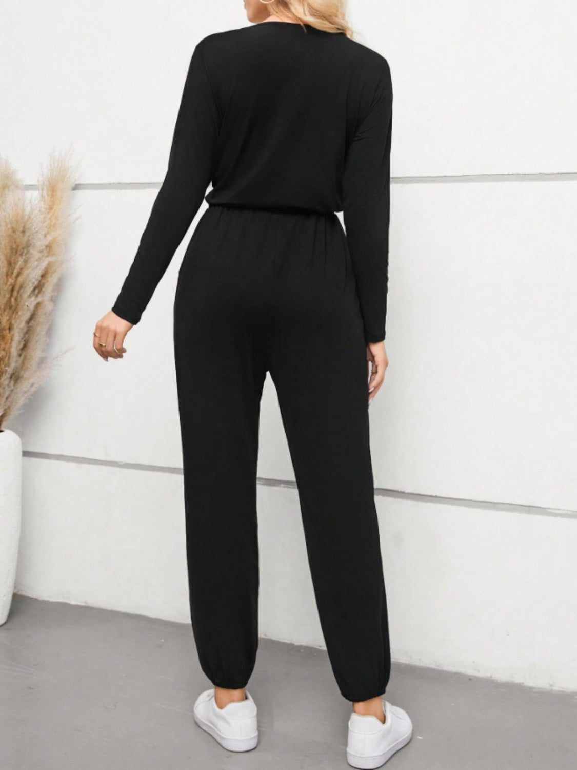 Black Tie Waist Long Sleeve Jumpsuit