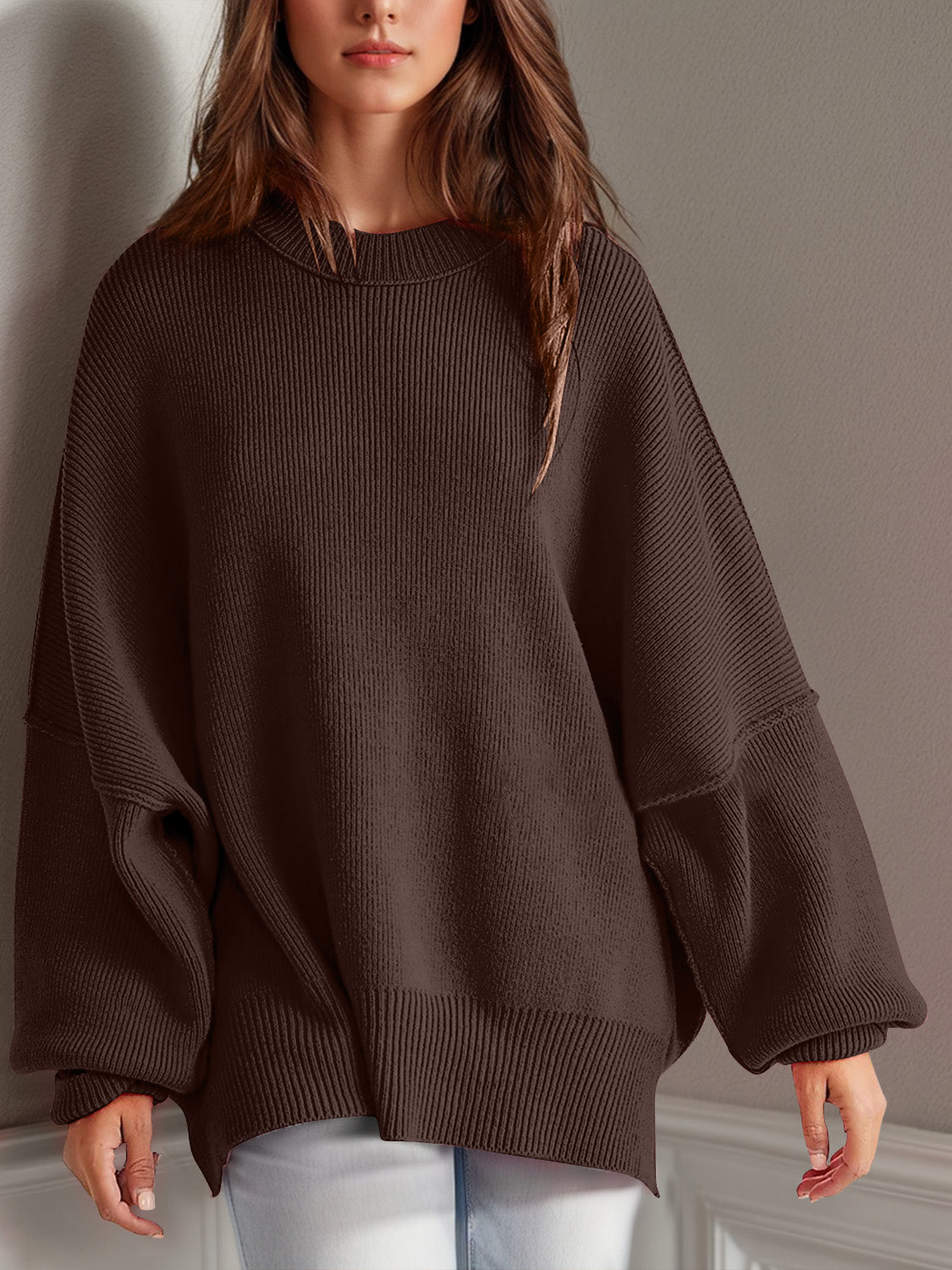 we81 Side Slit Round Neck Long Sleeve Sweater