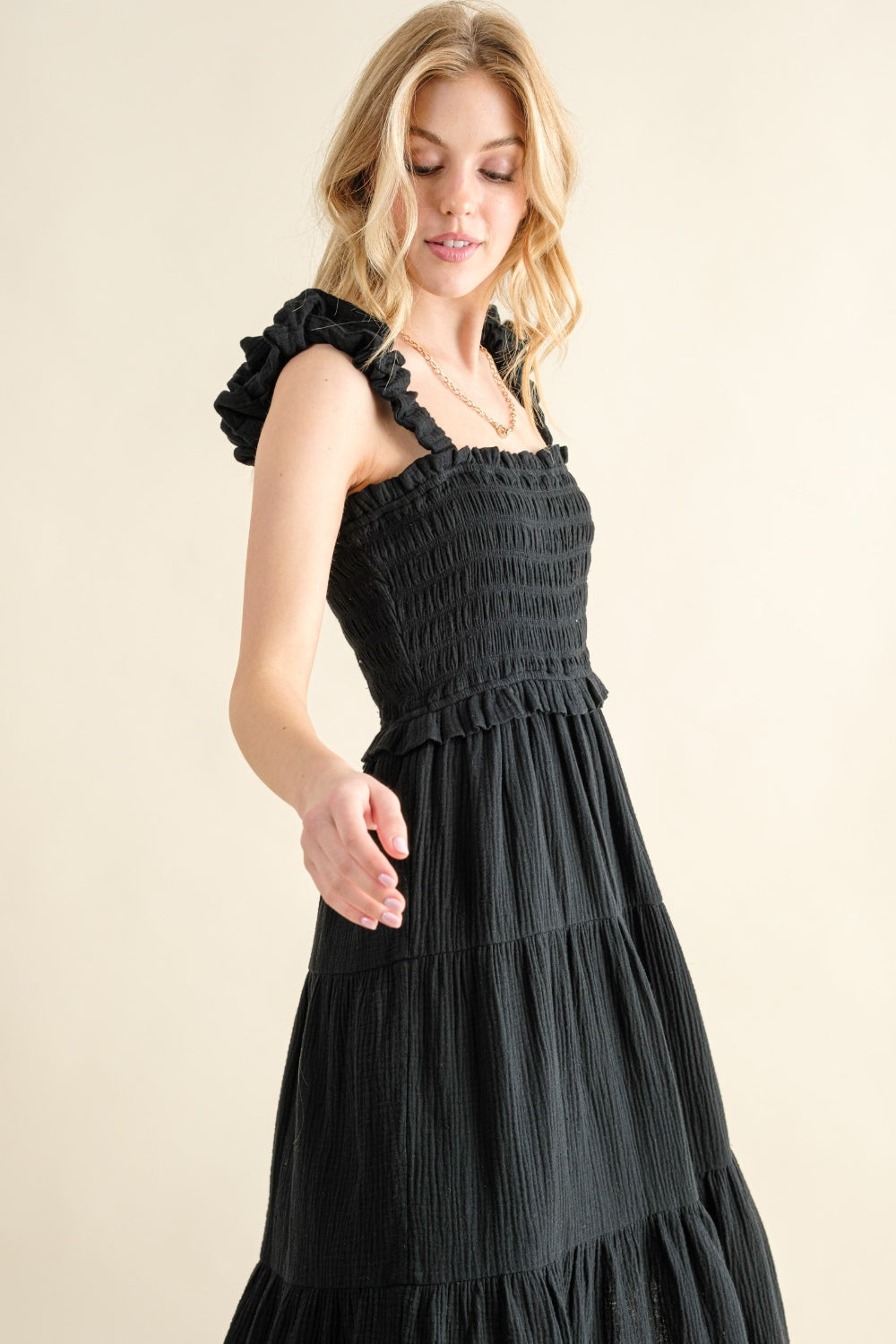 we76 Black Smocked Ruffled Tiered Dress