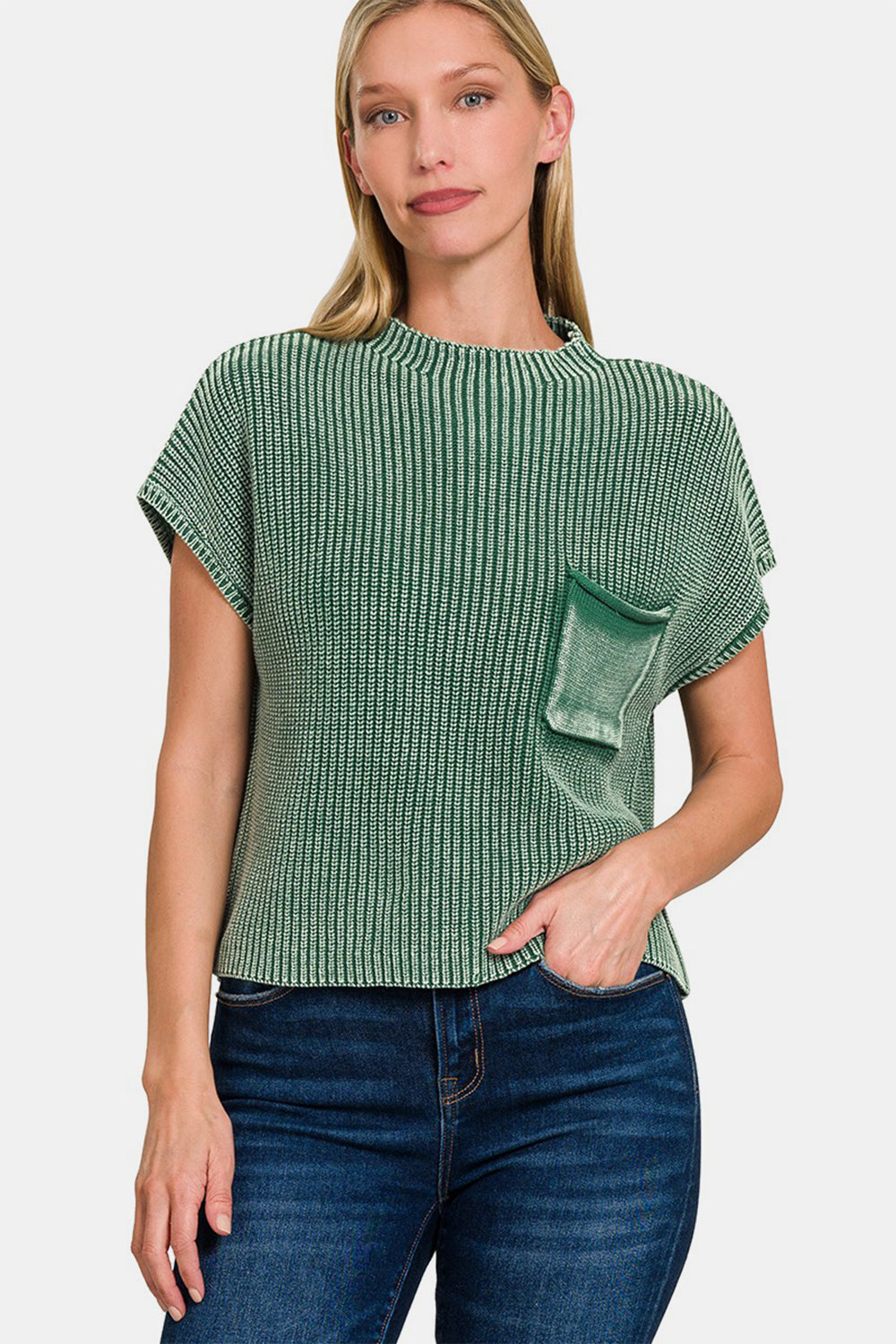 we102 Dark Green Mock Neck Short Sleeve  Sweater