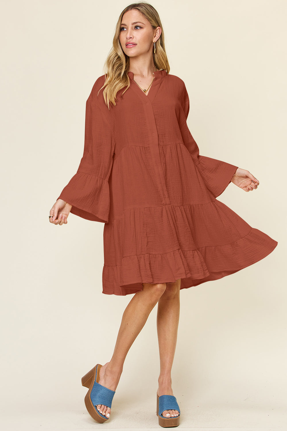 we-3-19 Textured Button Up Ruffle Hem Dress