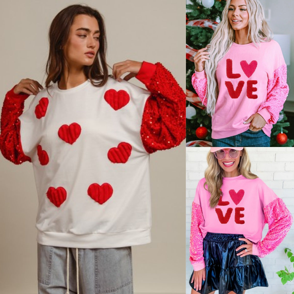 We187 Valentine's Day Sequined Sleeves Versatile Top Sweet Style Long Sleeve Pullover for Women