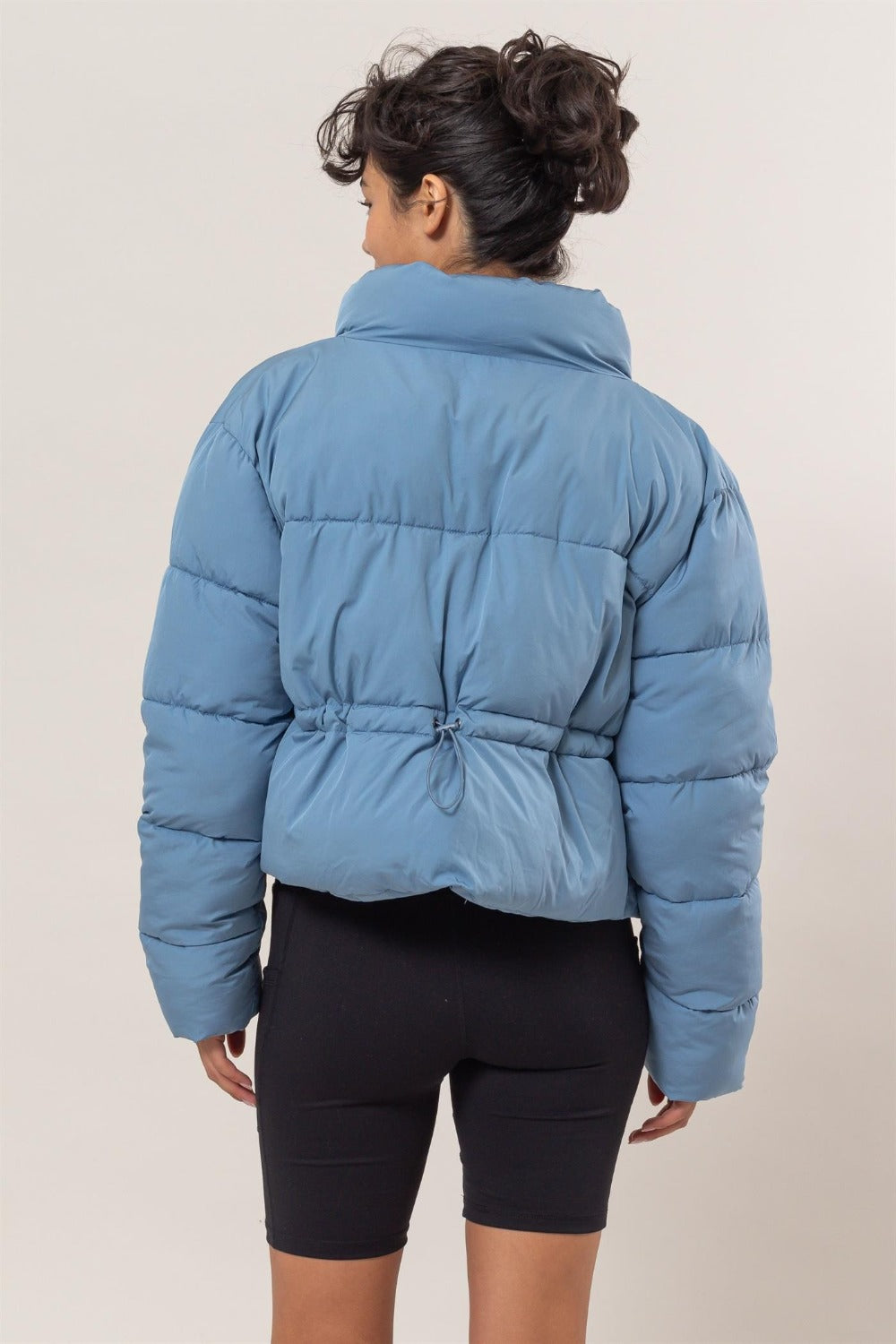 Light Blue Quilted Back Drawstring Puffer Jacket