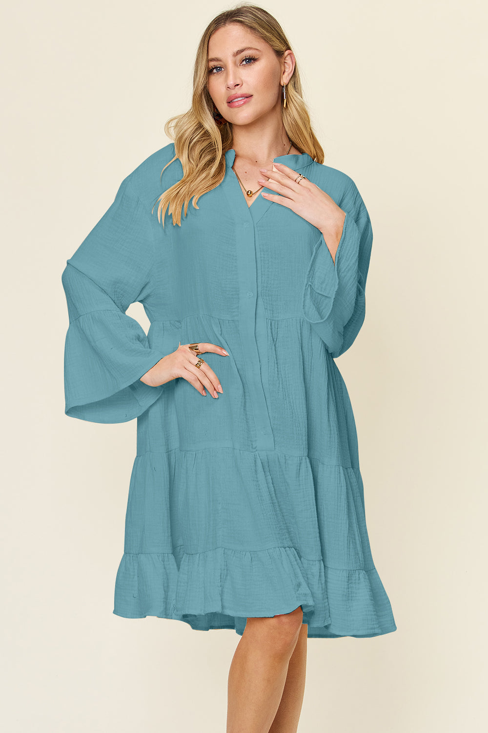 we-3-19 Textured Button Up Ruffle Hem Dress