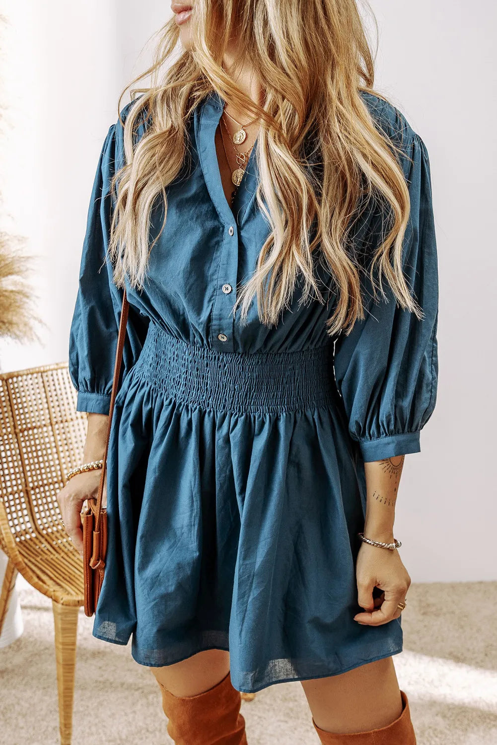 we52 Smocked Half Button 3/4 Sleeve Dress