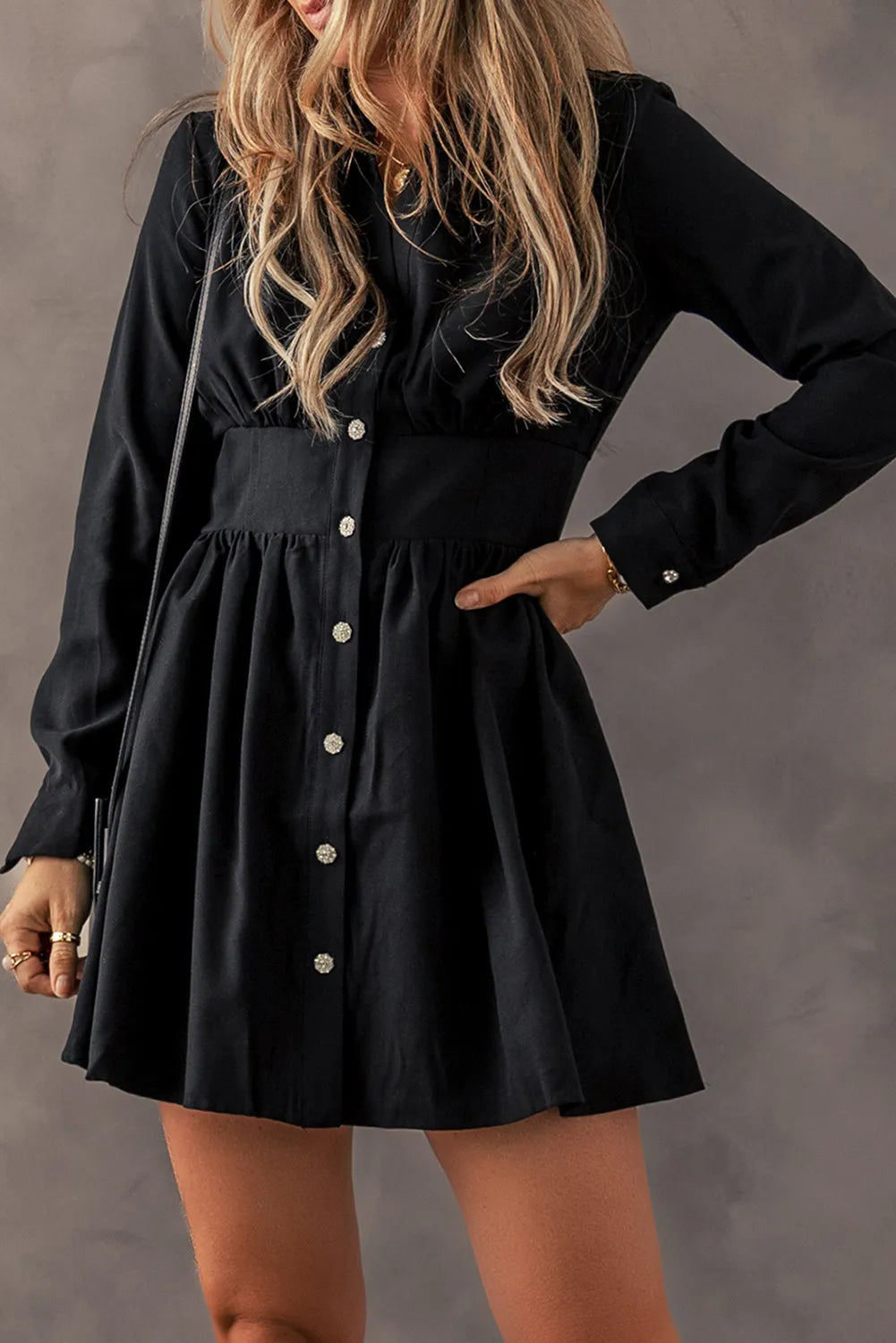 Black + Crystal Button Up Long Sleeve Dress