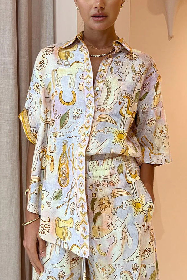 Sunshine Loving Linen Blend Mythological Pattern Button Down Oversized Blouse