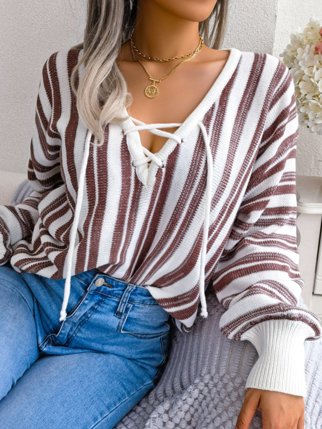 we51 Striped Lace-Up Long Sleeve Sweater