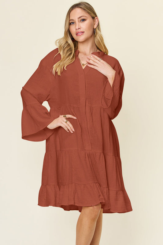 we-3-19 Textured Button Up Ruffle Hem Dress