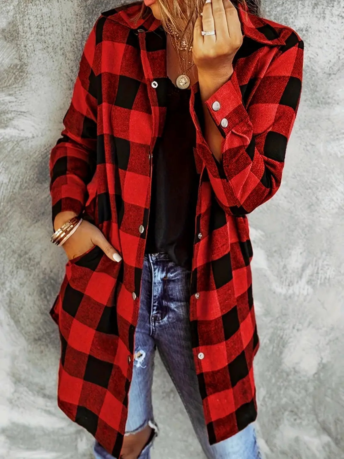 we84 Plaid Collared Long Sleeve Shacket