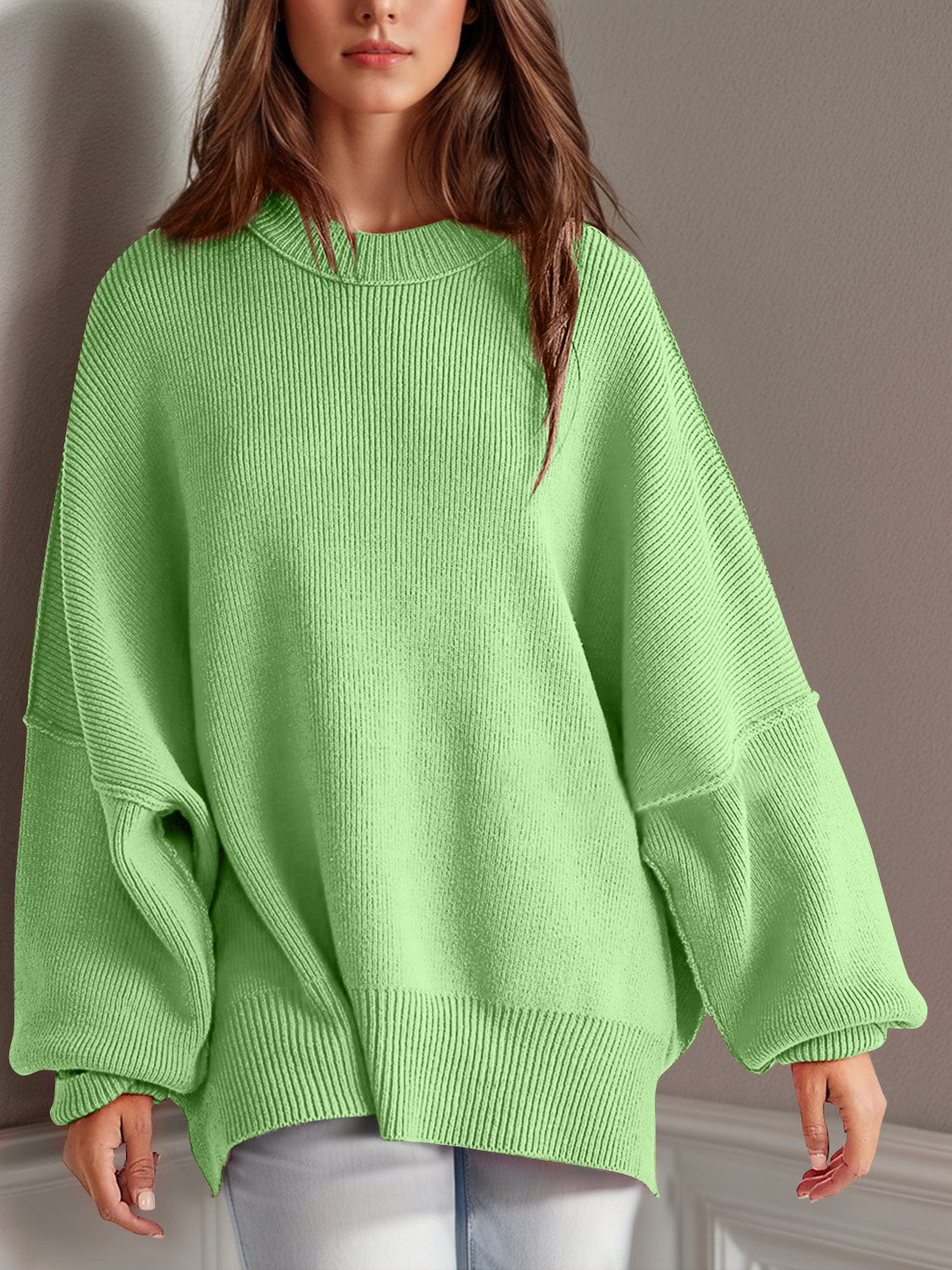 we81 Side Slit Round Neck Long Sleeve Sweater