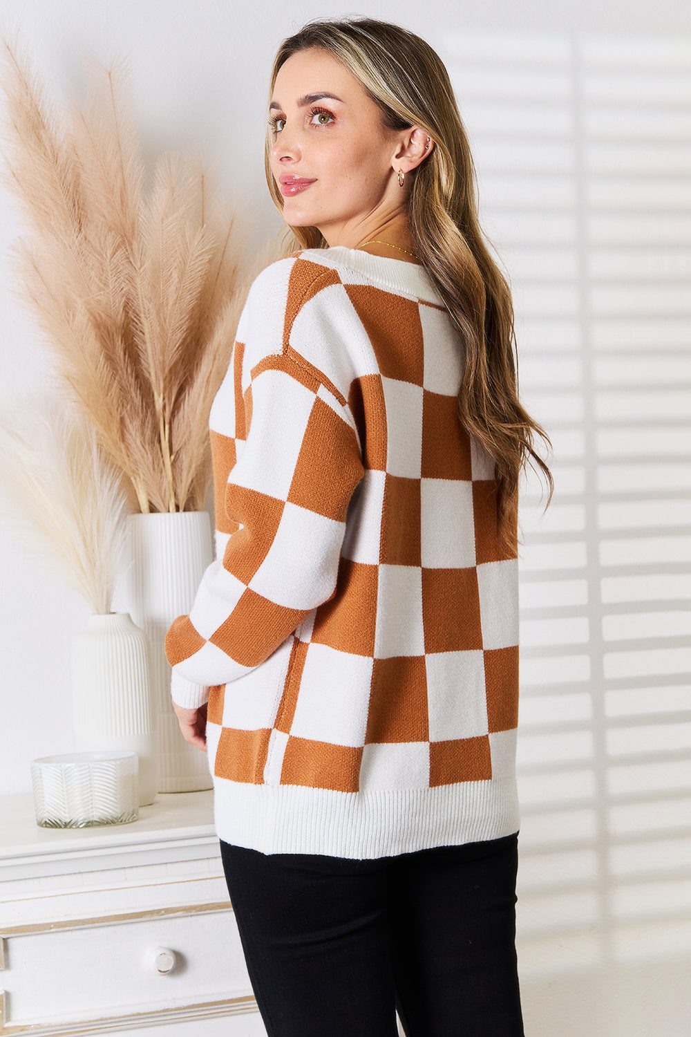 we68 Checkered V-Neck Dropped Shoulder Cardigan