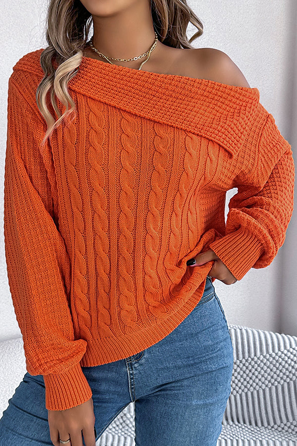 Solid Color Casual One Shoulder Long Sleeve Knitted Sweater