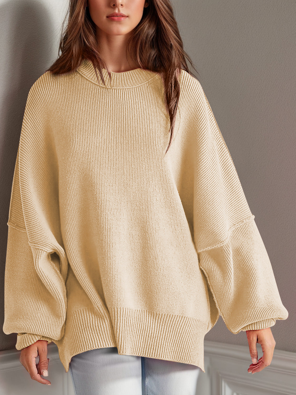 we81 Side Slit Round Neck Long Sleeve Sweater