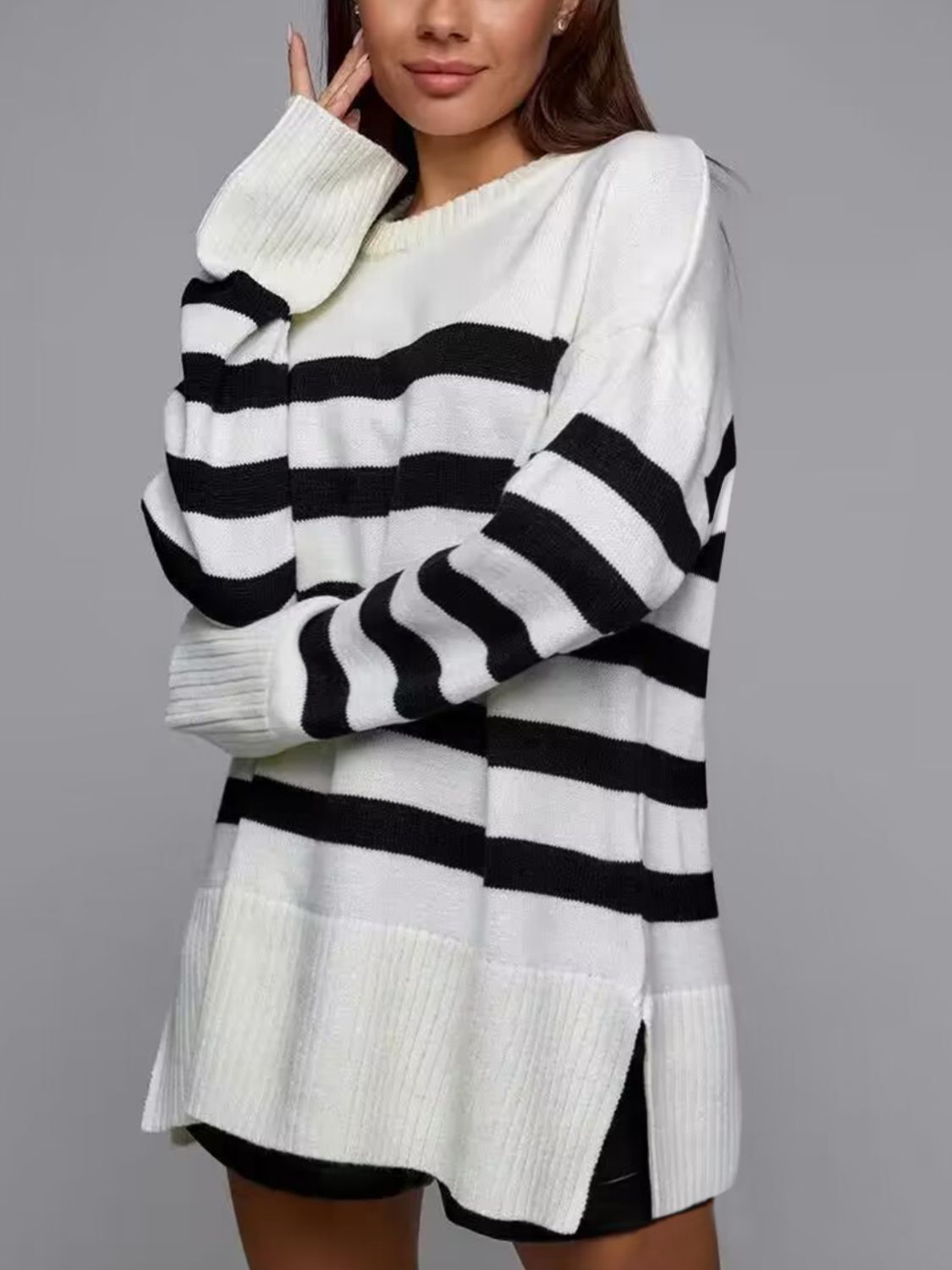 we53 Slit Striped Round Neck Sweater