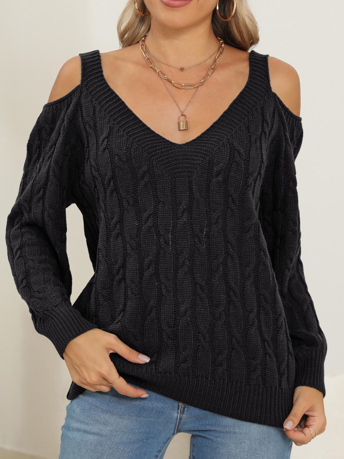 we63 Knit V-Neck Cutout Long Sleeve Sweater