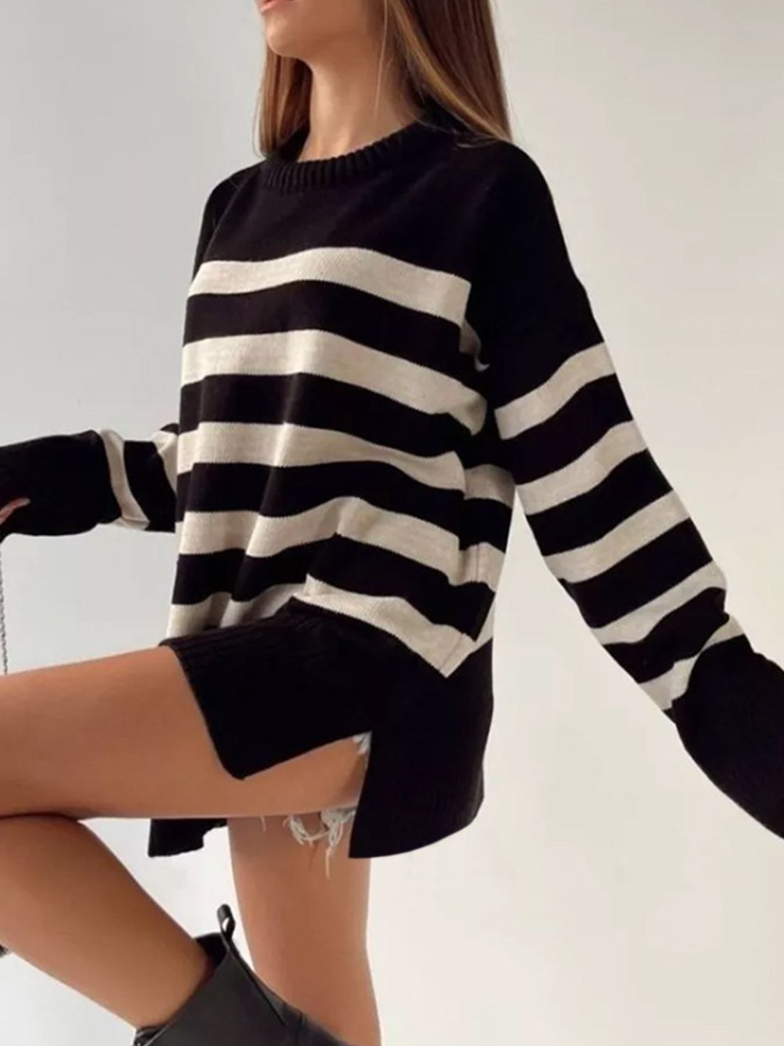 we53 Slit Striped Round Neck Sweater