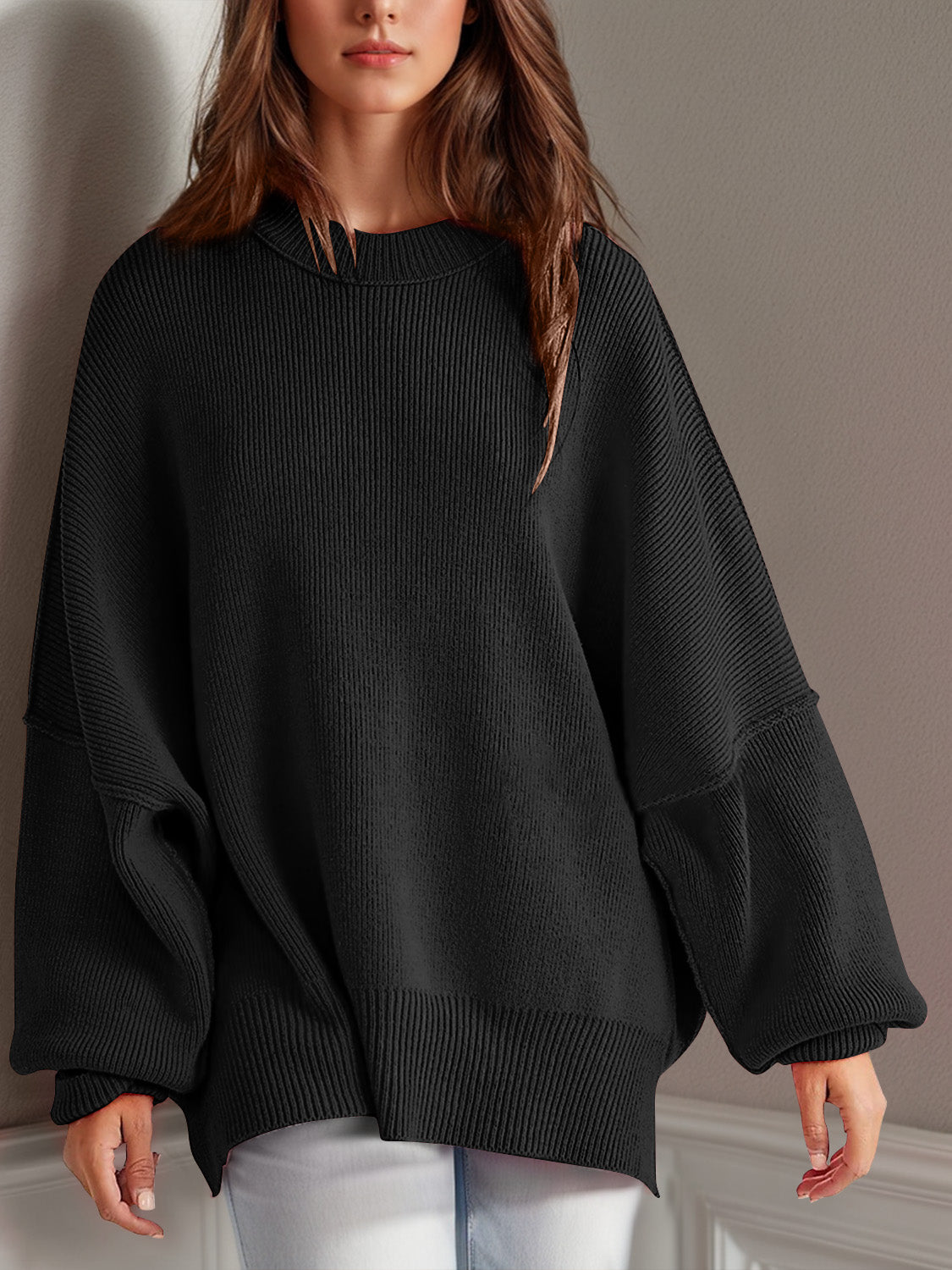 we81 Side Slit Round Neck Long Sleeve Sweater