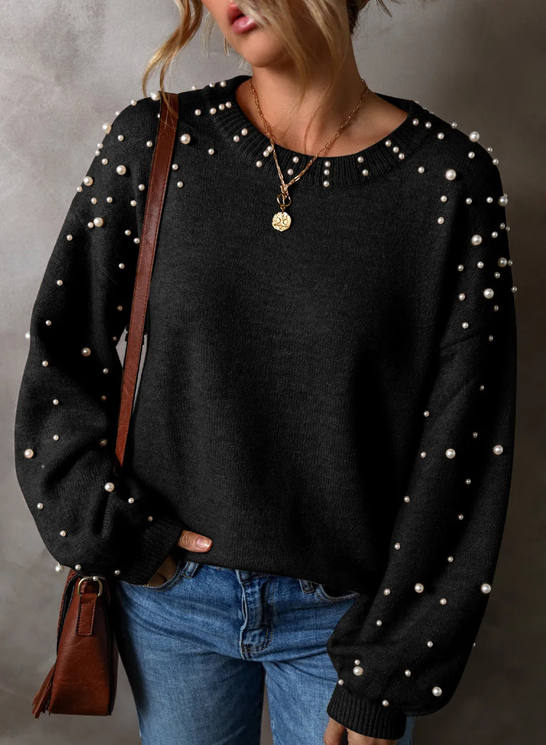 Pearl Detail Long Sleeve Sweater Multiple Colors