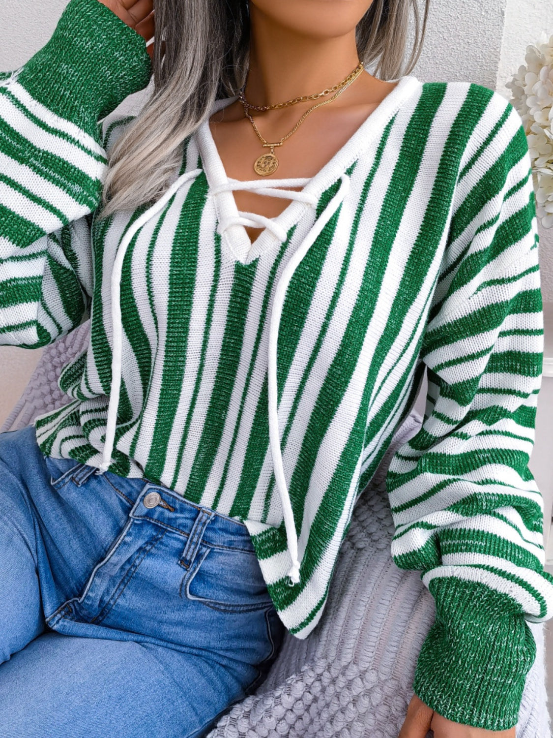 we51 Striped Lace-Up Long Sleeve Sweater