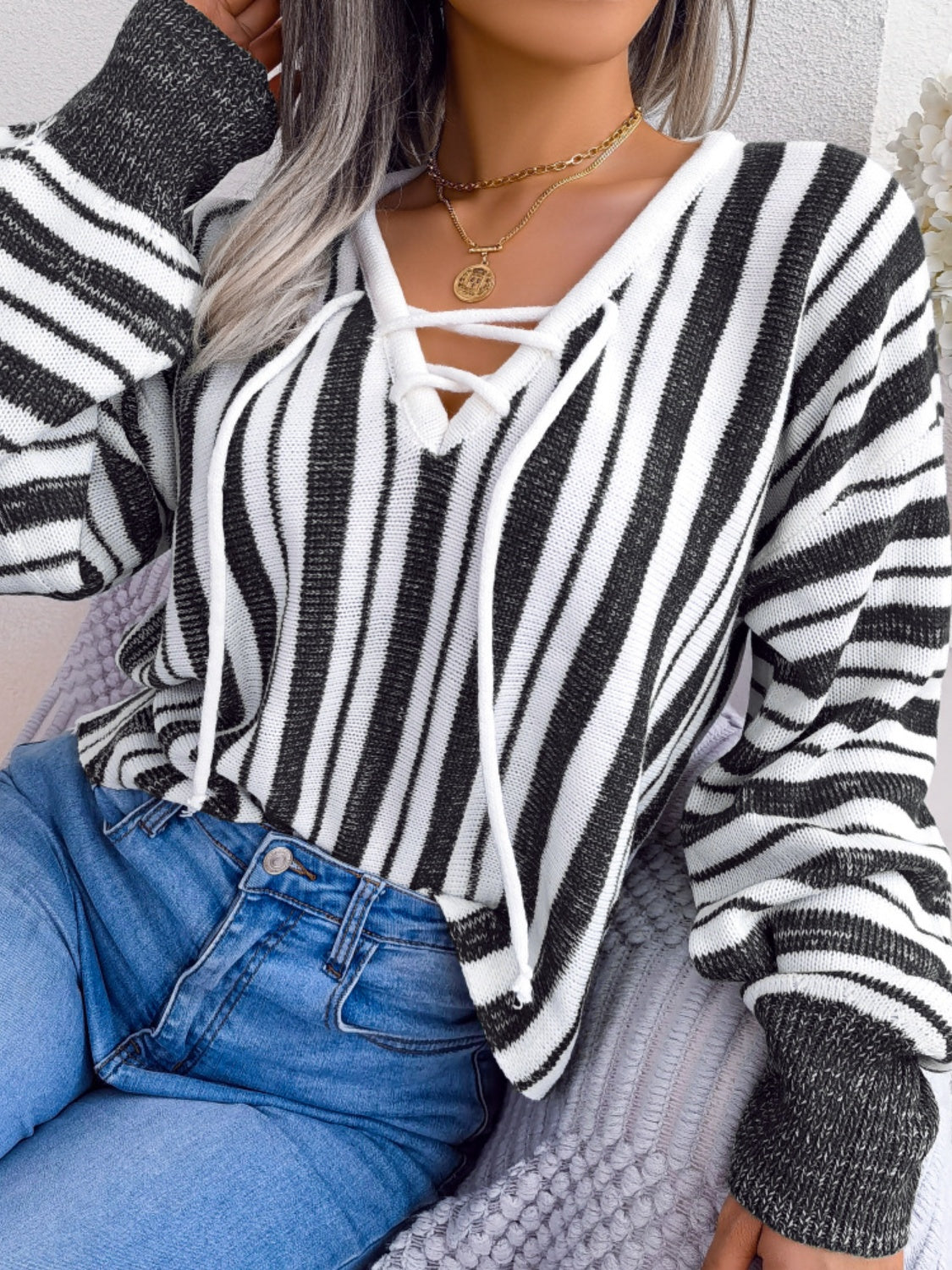 we51 Striped Lace-Up Long Sleeve Sweater