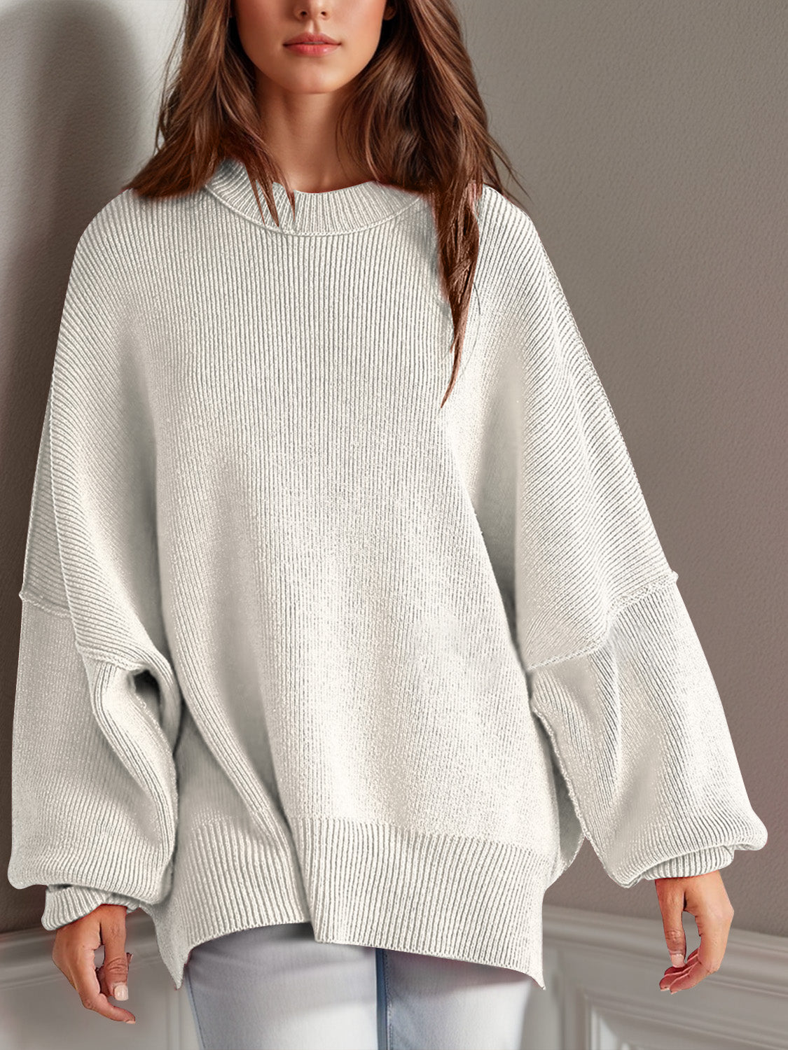 we81 Side Slit Round Neck Long Sleeve Sweater