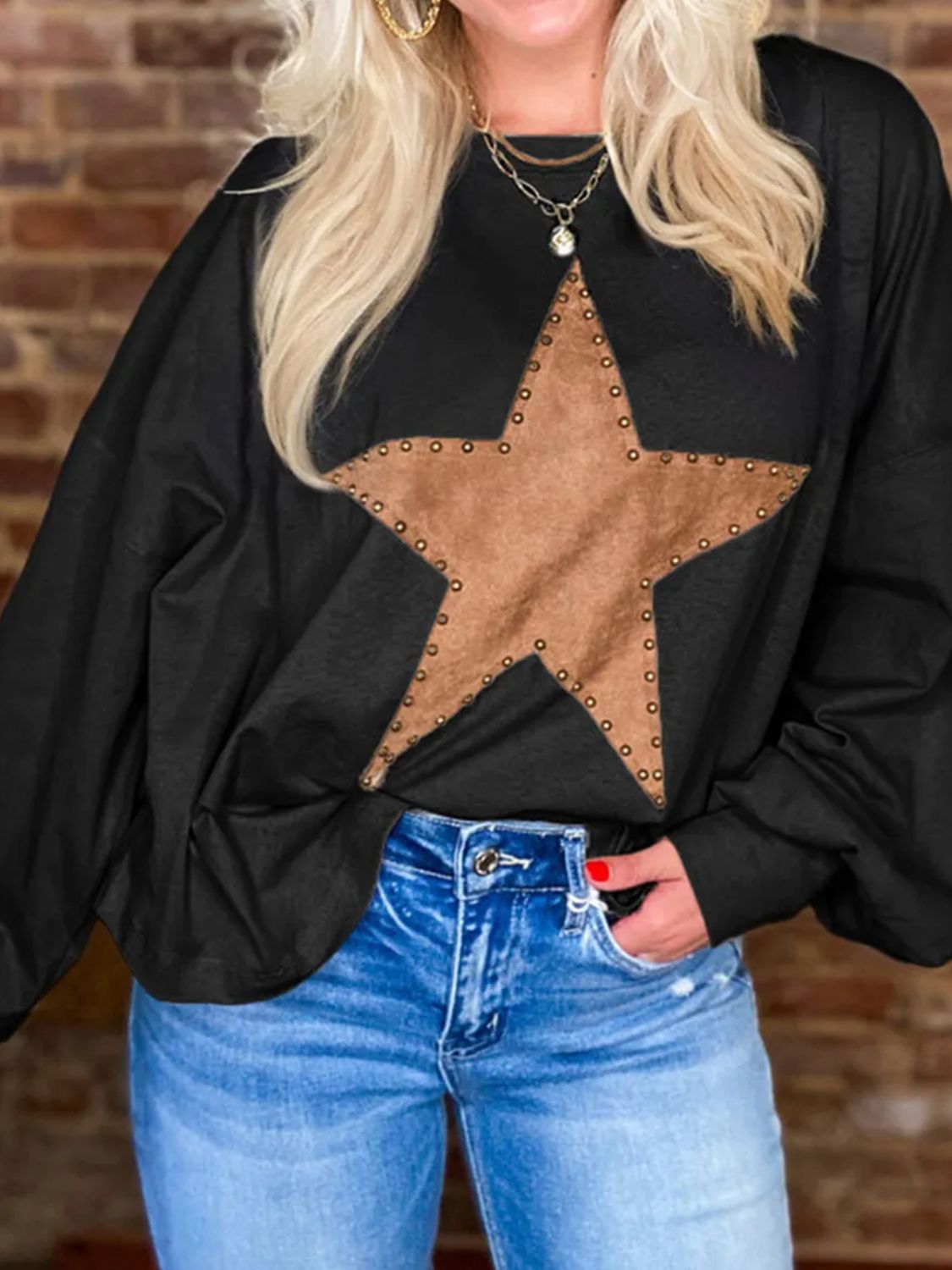 we80 Star Round Neck Long Sleeve Blouse