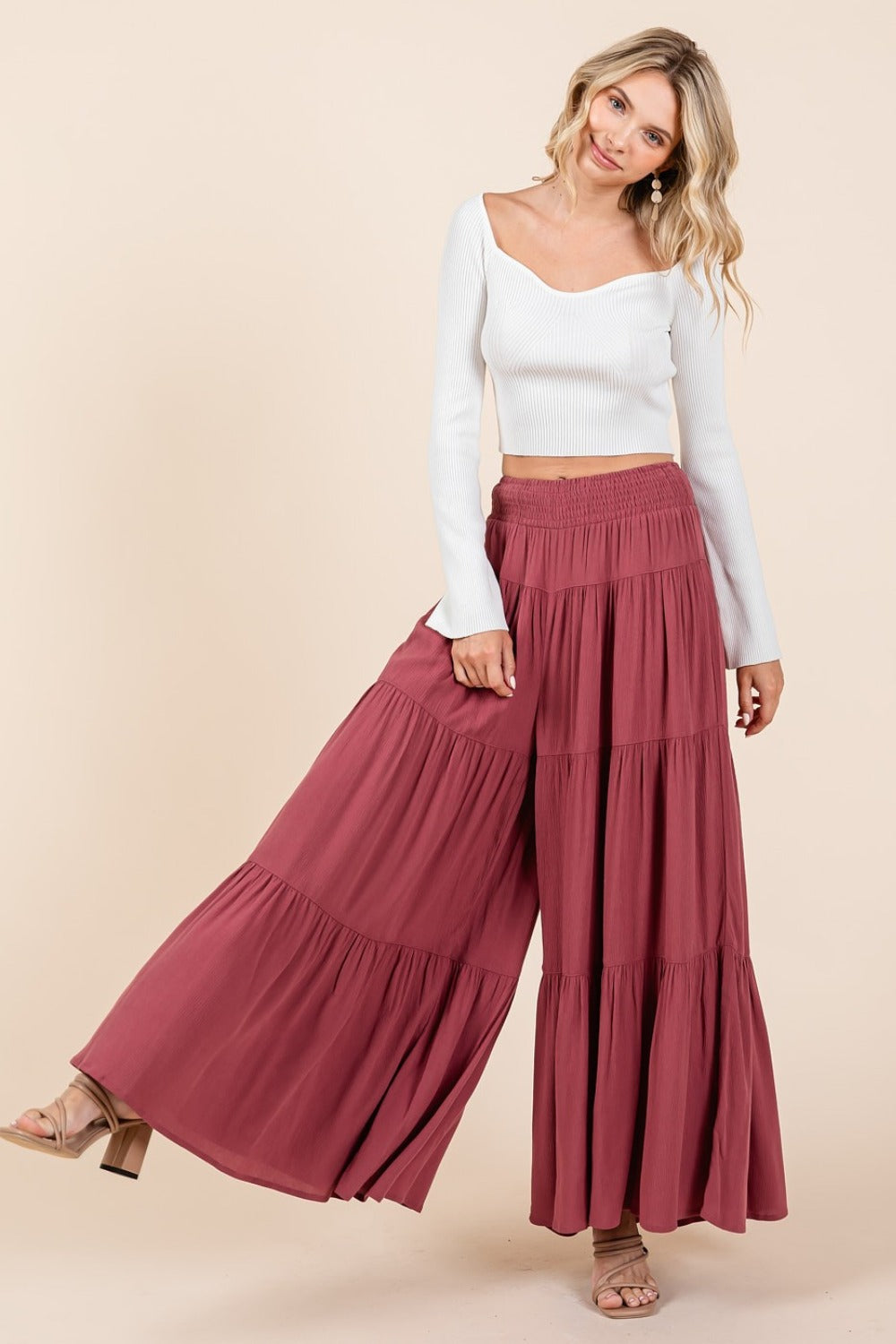 Rose Smocked Elastic Waist Wide Leg Pants