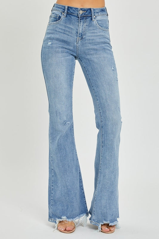 we92 High Rise Frayed Hem Flare Jeans