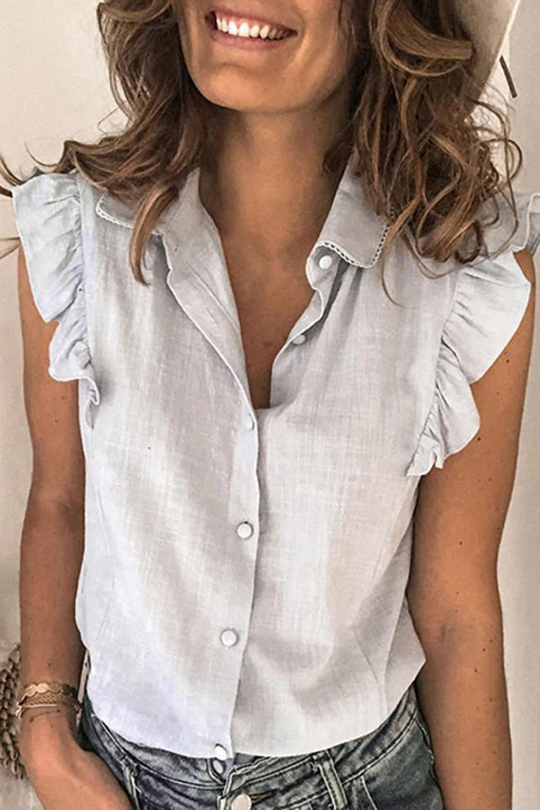 Solid Color Short Ruffle Sleeve Button Front Shirt