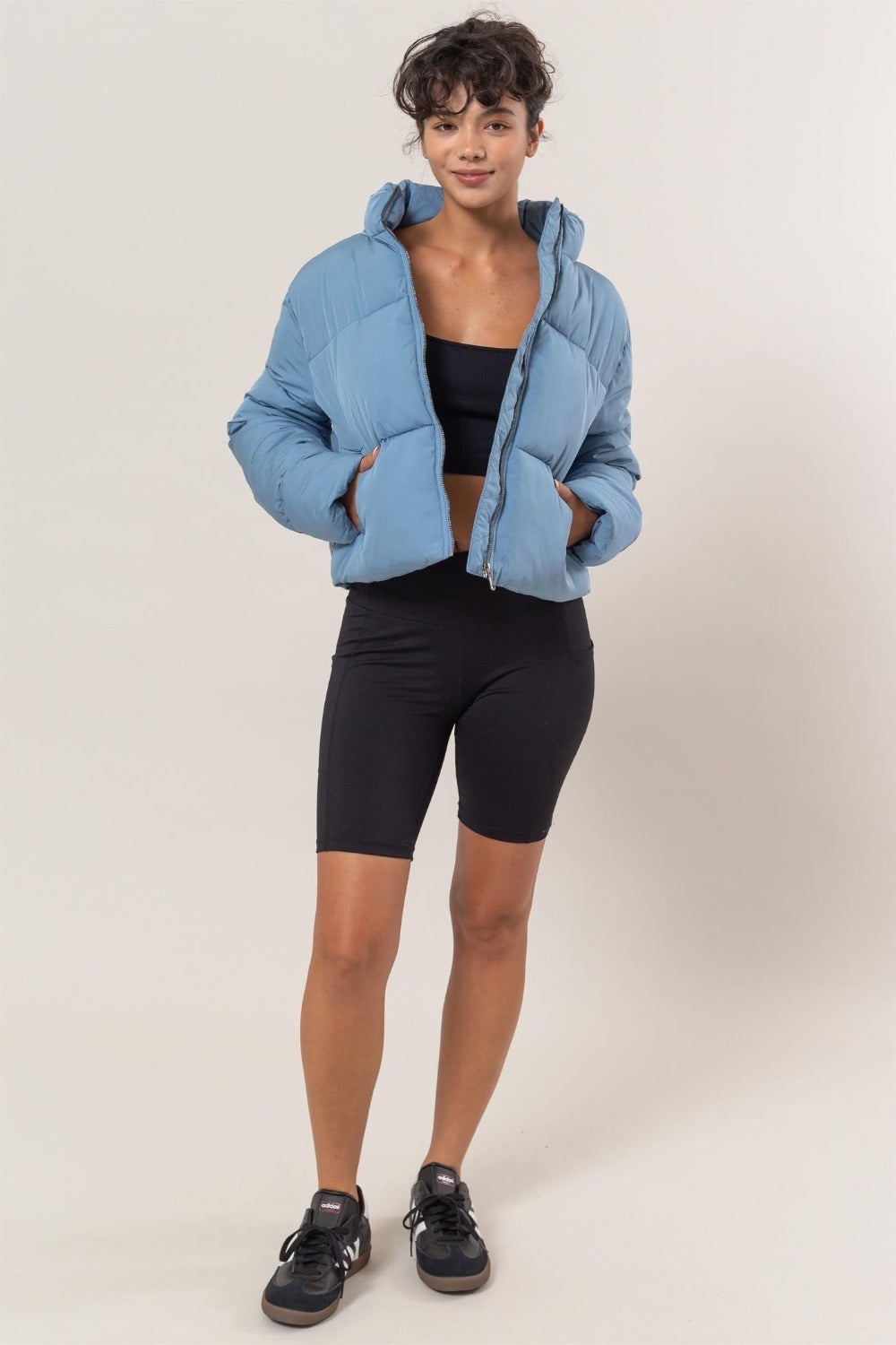 Light Blue Quilted Back Drawstring Puffer Jacket