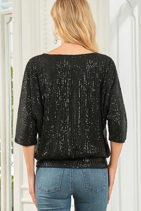 Solid Color Sequined Loose Round Neck Casual Top