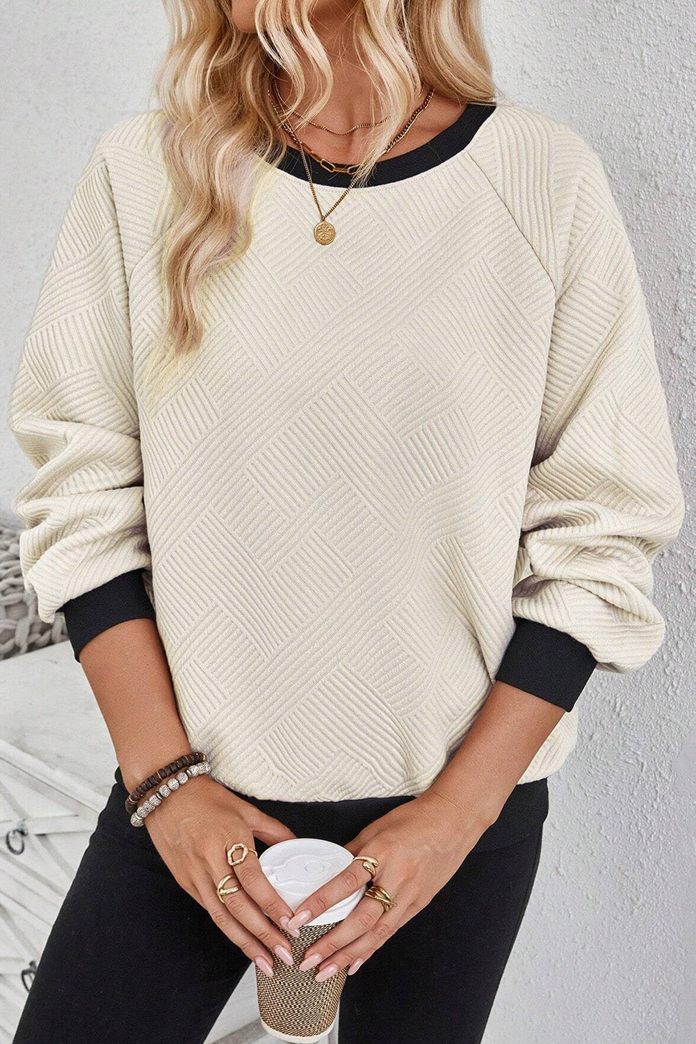 Texture Contrast Long Sleeve Top