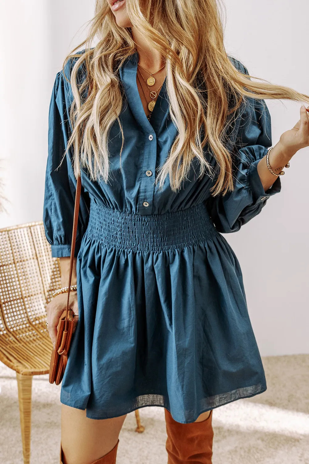 we52 Smocked Half Button 3/4 Sleeve Dress