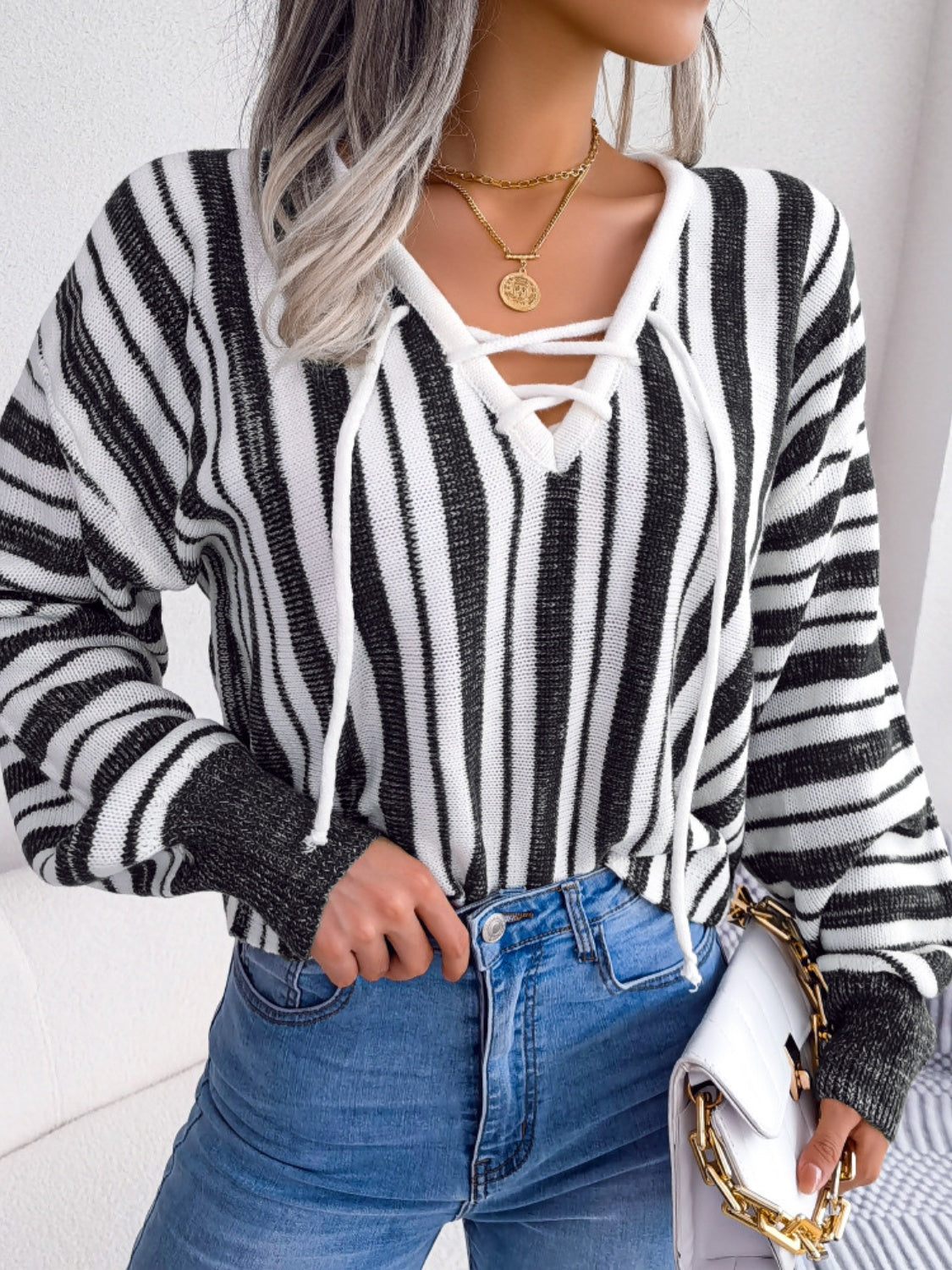 we51 Striped Lace-Up Long Sleeve Sweater