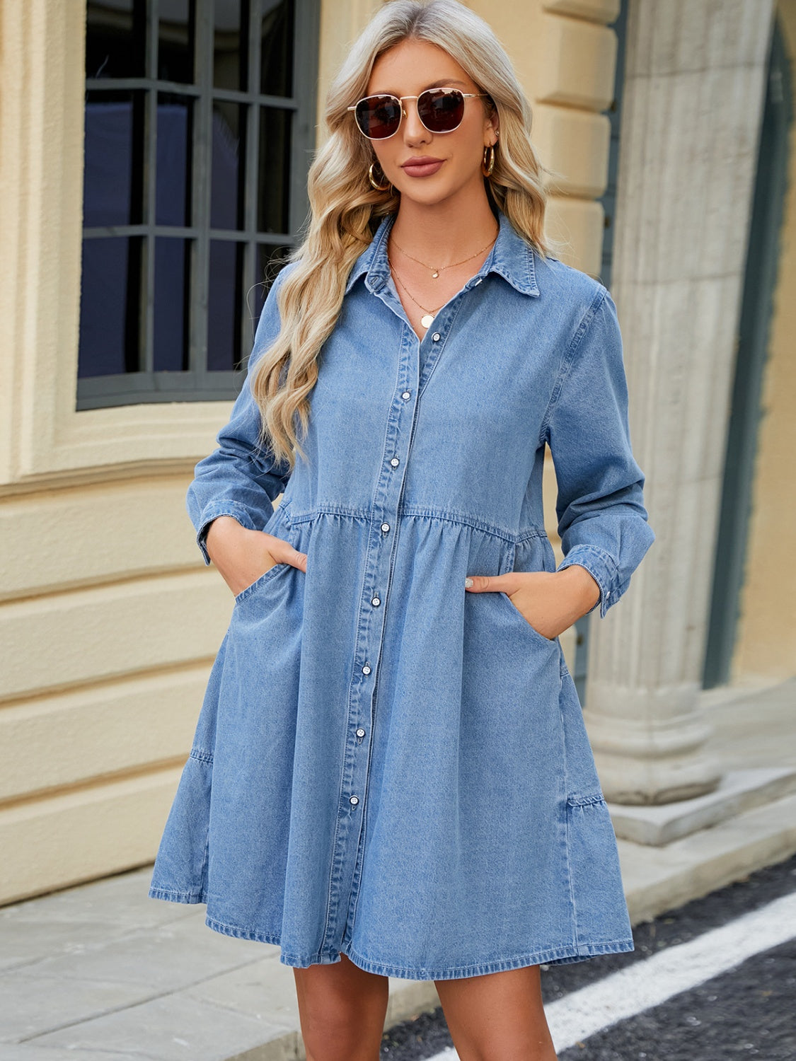 we37 Tiered Long Sleeve Button Up Denim Dress