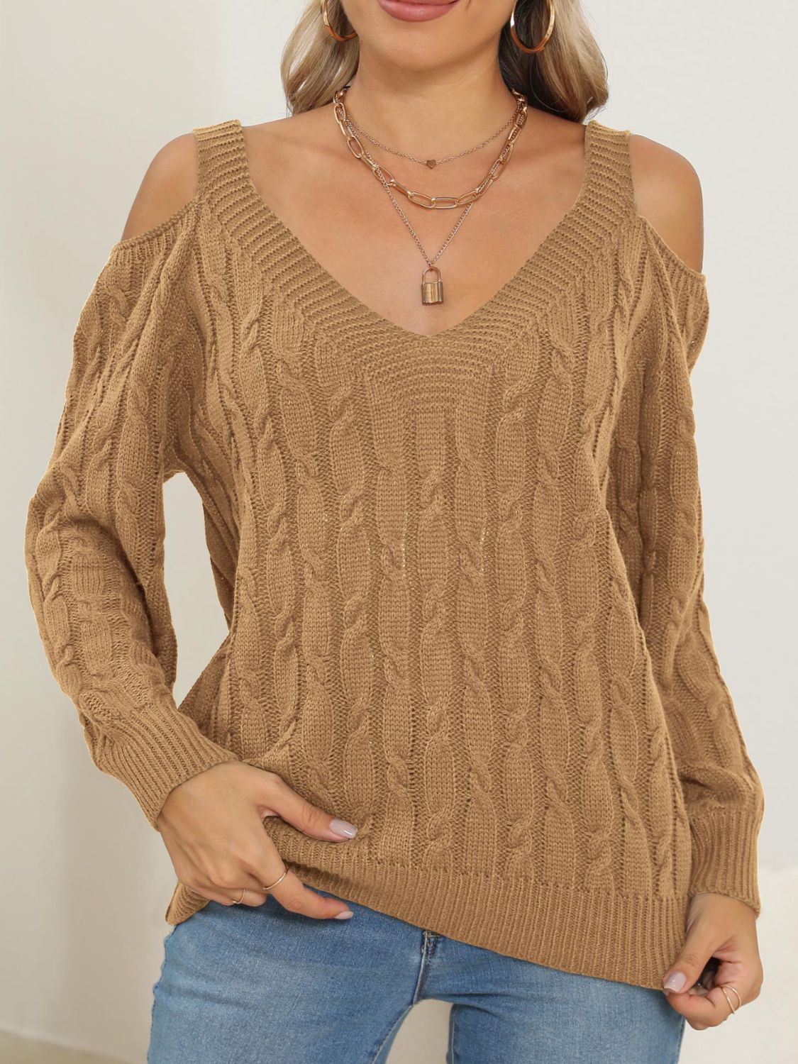 we63 Knit V-Neck Cutout Long Sleeve Sweater