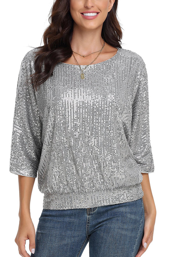 Solid Color Sequined Loose Round Neck Casual Top