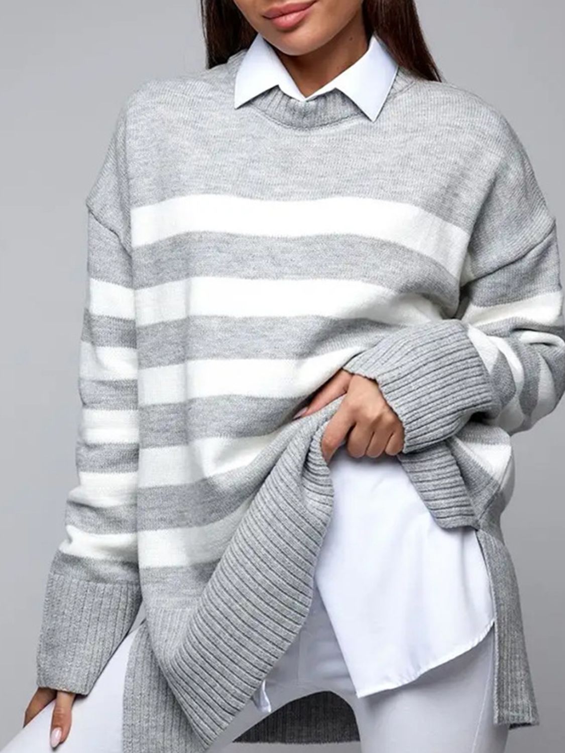 we53 Slit Striped Round Neck Sweater