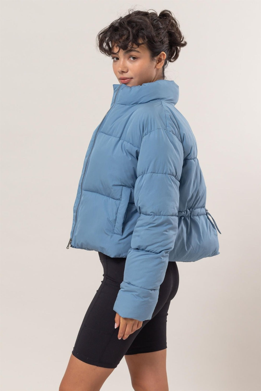 Light Blue Quilted Back Drawstring Puffer Jacket